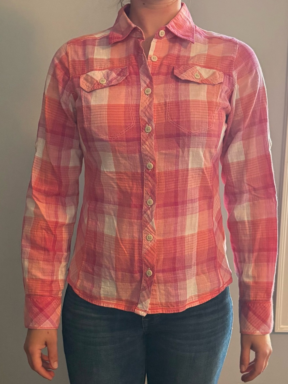 Columbia Pink and Orange Plaid Button-Down Shirt with Pockets